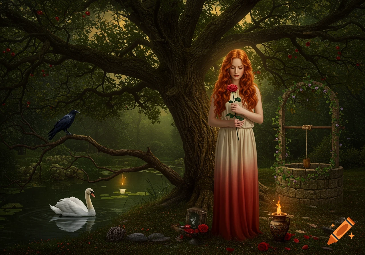 A woman with long red hair stands in a magical forest, holding a red rose. A raven perches on a tree branch, and a swan swims on a pond. A well and a glowing jar are nearby.