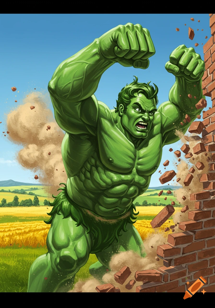 A powerful green giant with bulging muscles punches through a brick wall, surrounded by flying debris in a comic book art style.