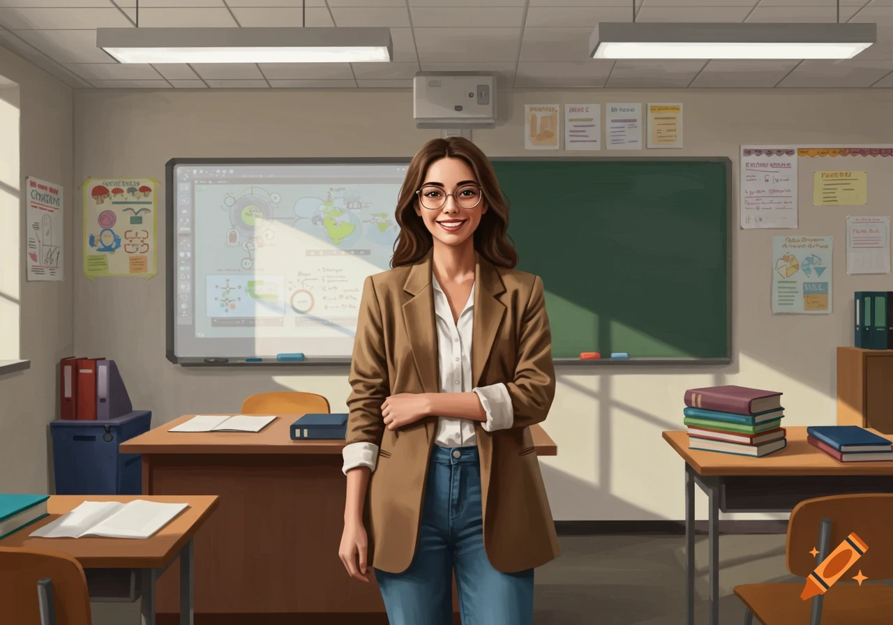 A smiling young female teacher standing in a classroom with desks and a whiteboard.