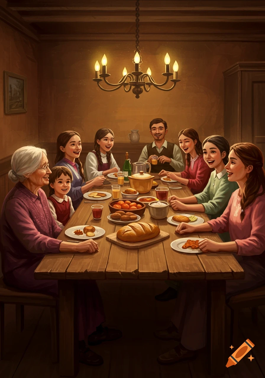 A diverse family spanning multiple generations shares a warm meal around a rustic wooden table under a glowing chandelier, in a painterly illustration.
