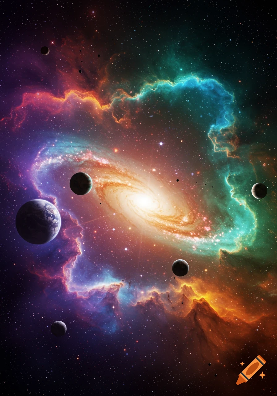 A vibrant, colorful galaxy swirls with nebulae in purples, reds, oranges, greens, and blues, surrounded by planets and stars.