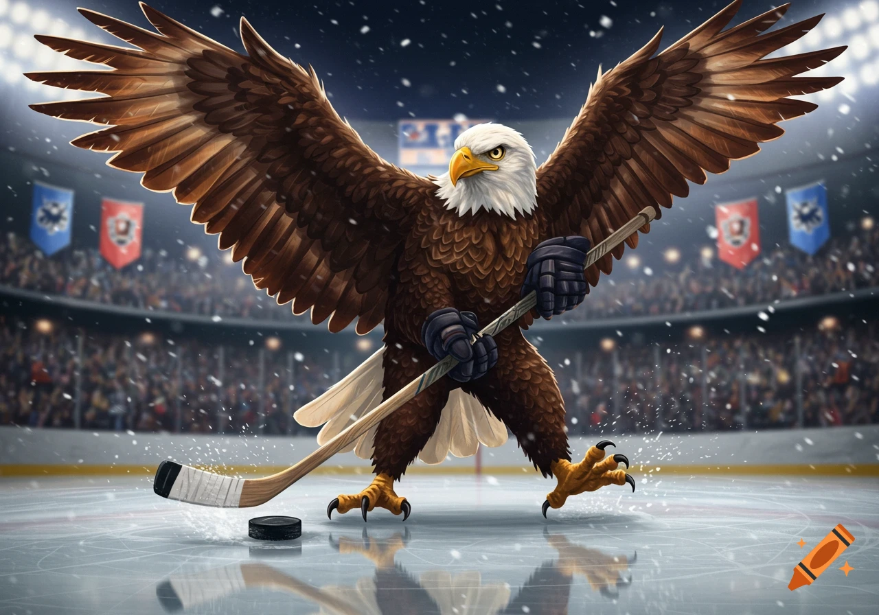 A majestic bald eagle, holding a hockey stick and wearing gloves, plays on an ice rink in a crowded stadium with snow falling.