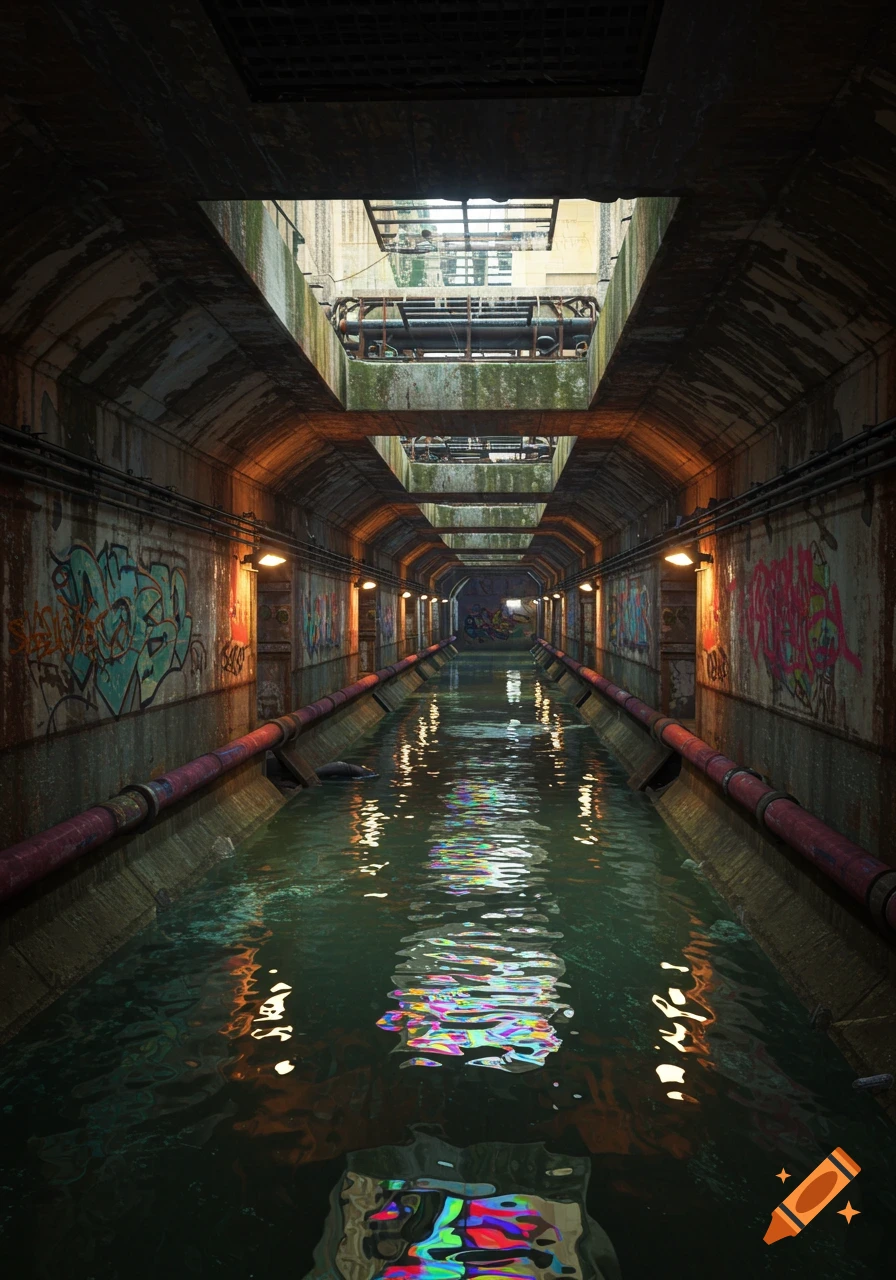 A long, dark underground tunnel with water flowing through the center, illuminated by lights and covered in colorful graffiti.