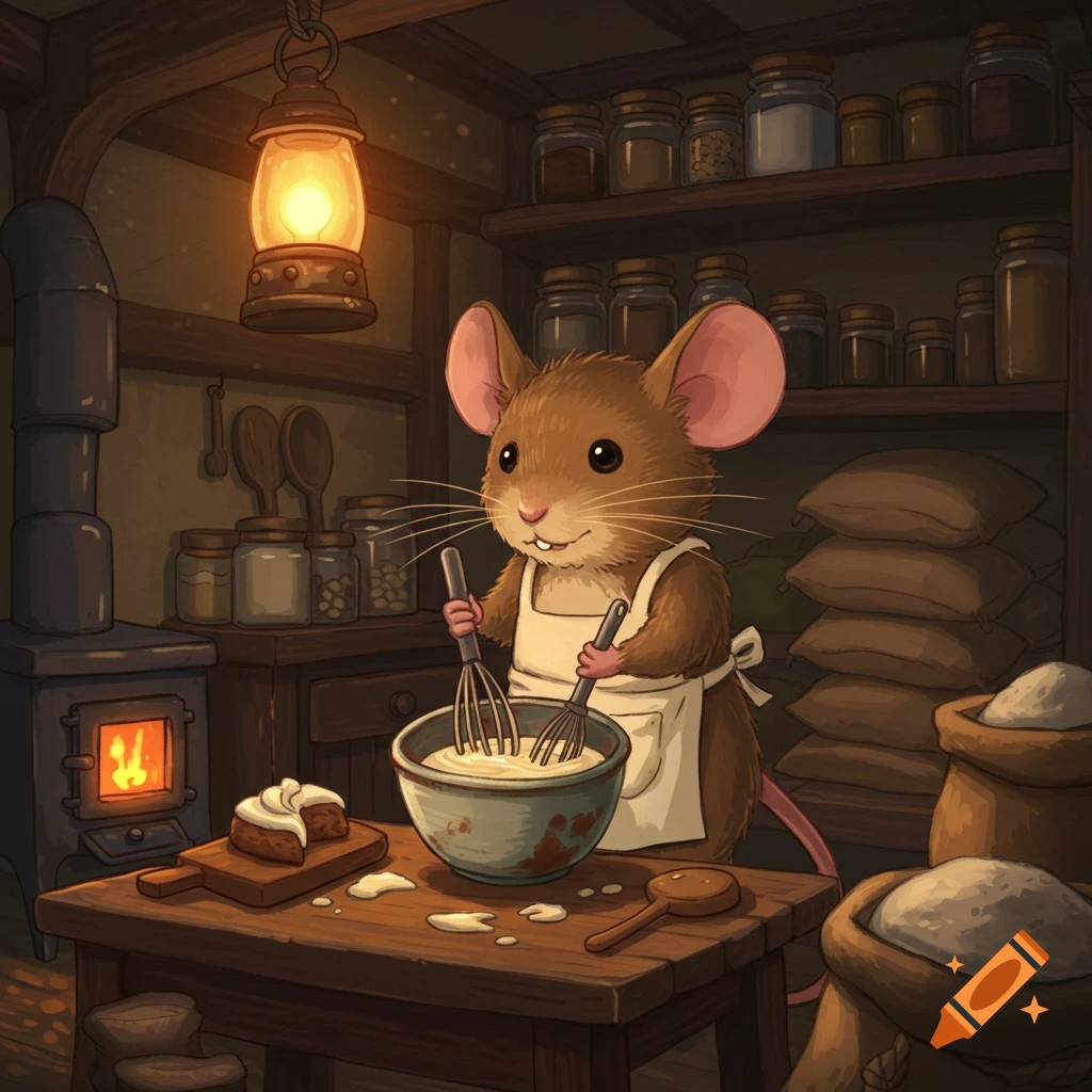 A cute, Ghibli-style mouse in an apron mixes cake batter in a bowl in a cozy, rustic kitchen.