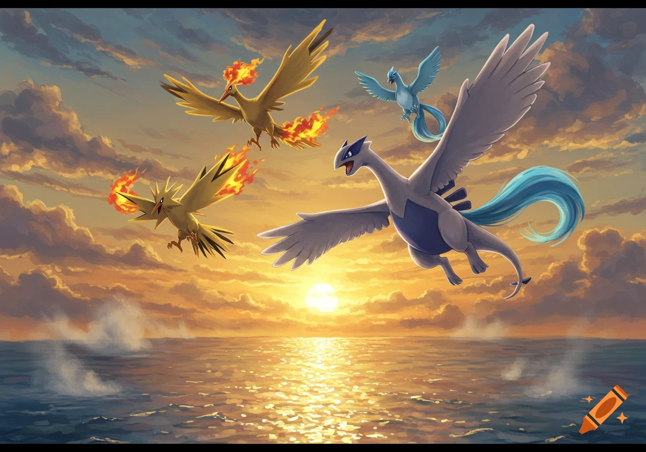 Lugia, Zapdos, Moltres, and Articuno fly over a shimmering ocean at sunset in a digital painting.