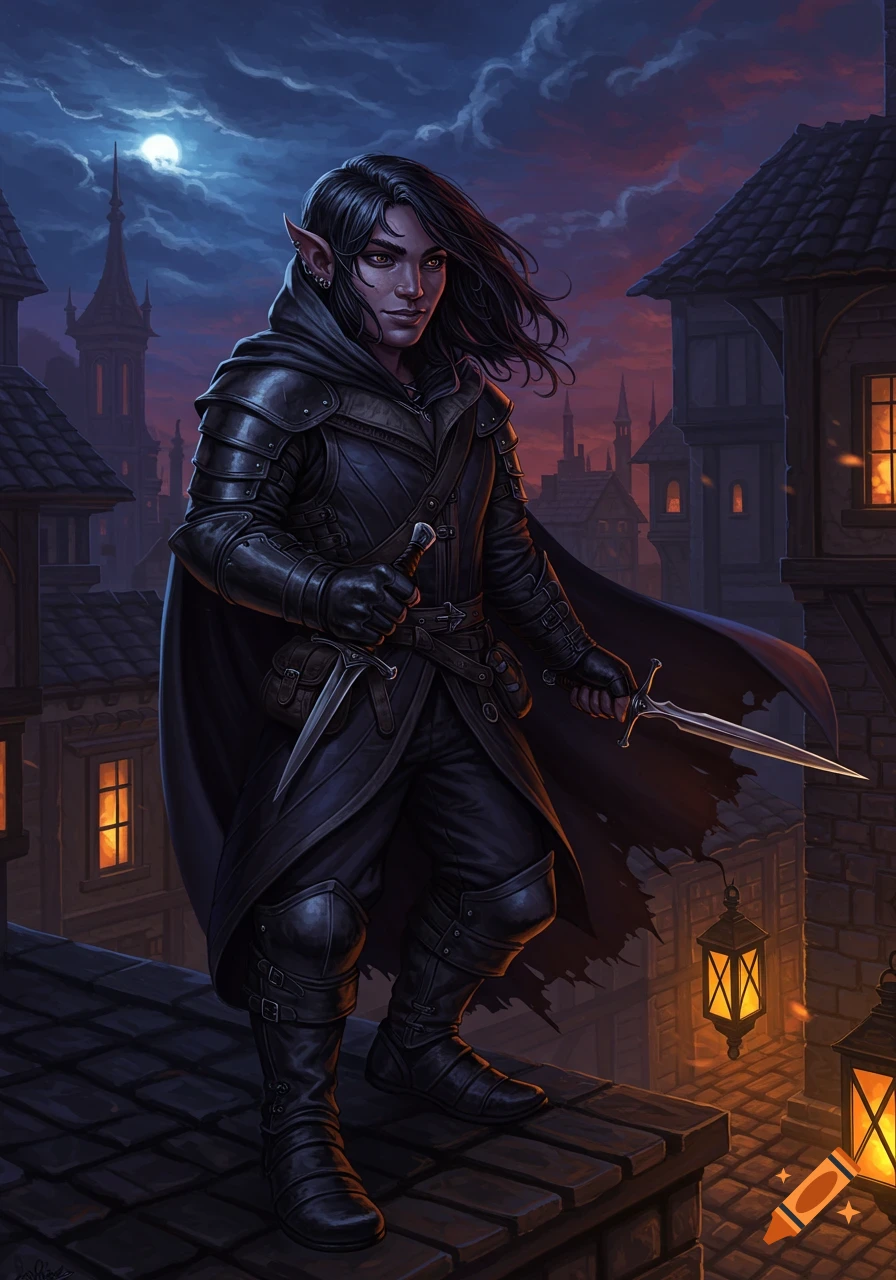 A dark-haired fantasy rogue in black leather armor stands on a rooftop at night, holding two daggers, with a moonlit sky over a medieval city.