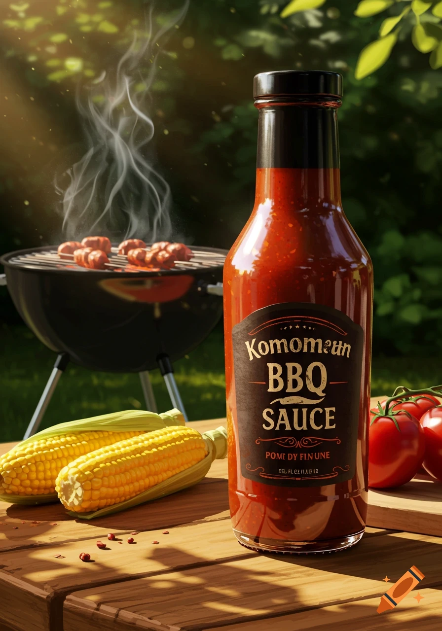 A photorealistic image of a BBQ sauce bottle, corn, and tomatoes on a wooden table, with a smoking grill and sausages in the background.