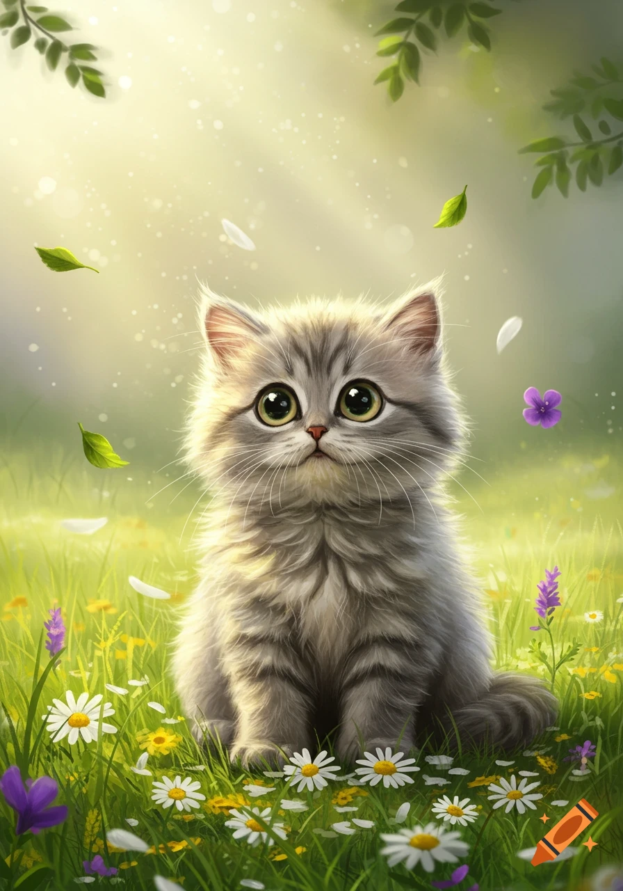A cute fluffy gray kitten with big eyes sits in a sunny field of green grass and wildflowers.