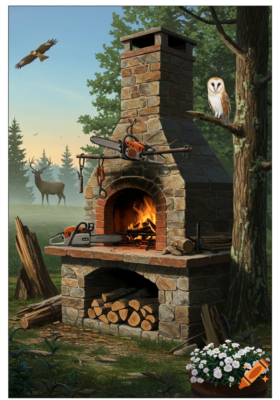 Illustrated outdoor scene with a brick oven, two chainsaws, an owl on a tree, a deer, a hawk flying, and white carnations.