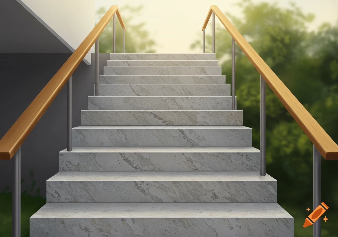 Light gray travertine stone stairs with wooden handrails leading up towards a bright, blurred green foliage background.