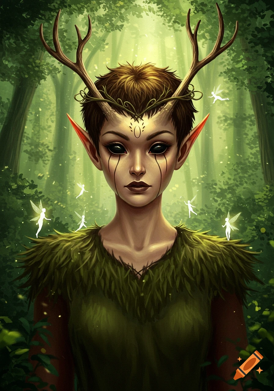 Portrait of a wood elf with antlers, black eyes, and black tears, with small fairies in a green forest.