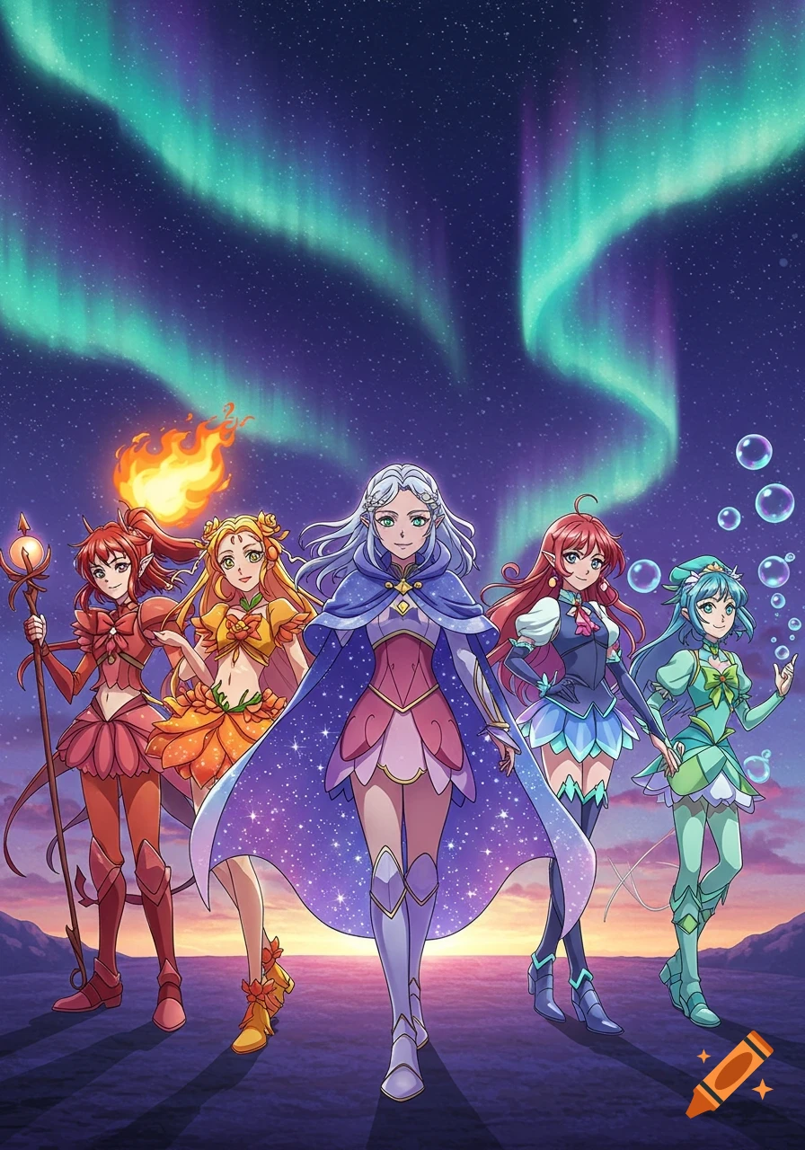 Five anime magical girls stand under a starry night sky with vibrant aurora borealis.