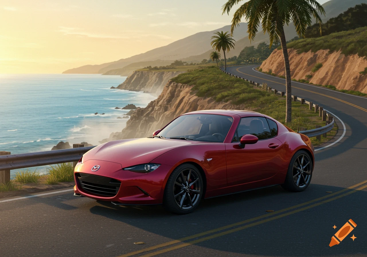 A red Mazda MX-5 drives along a winding coastal road with the ocean and mountains in the background at sunset.