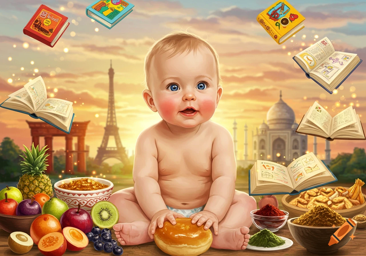 A cute baby sits among various fruits and food, with the Eiffel Tower and Taj Mahal in the background, surrounded by floating books at sunset.