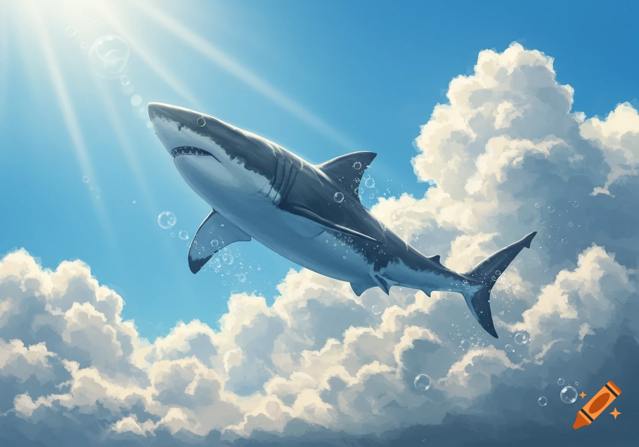 An illustrative great white shark swims through a sunny blue sky with clouds and bubbles.