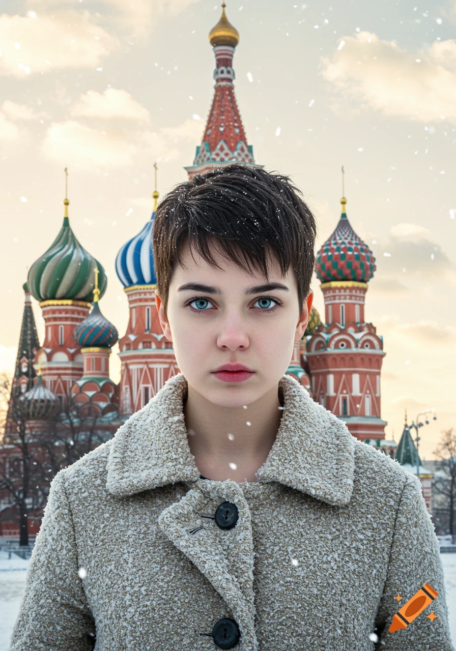A young woman with short dark hair and blue eyes stands in a beige coat in the snow, with Saint Basil's Cathedral in the background.