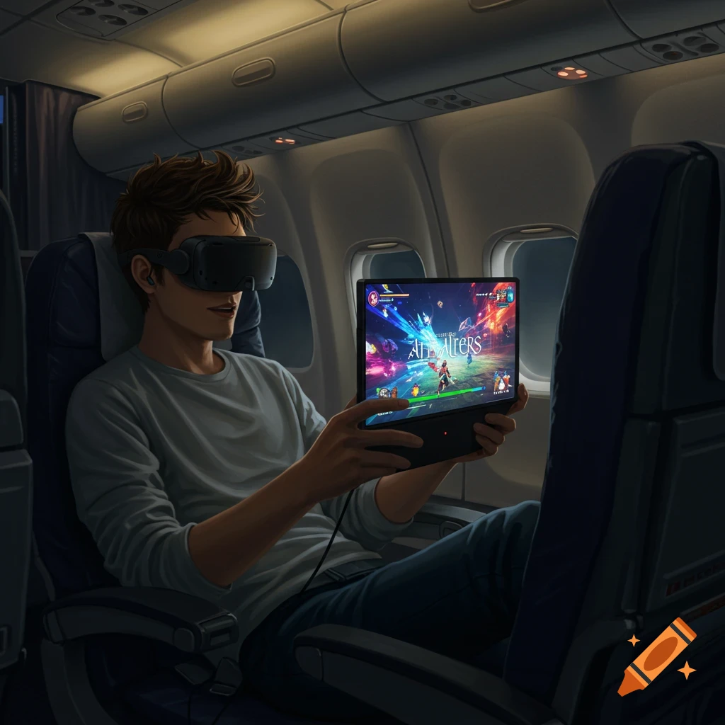 A man wearing a VR headset plays a colorful video game on a tablet inside an airplane cabin.