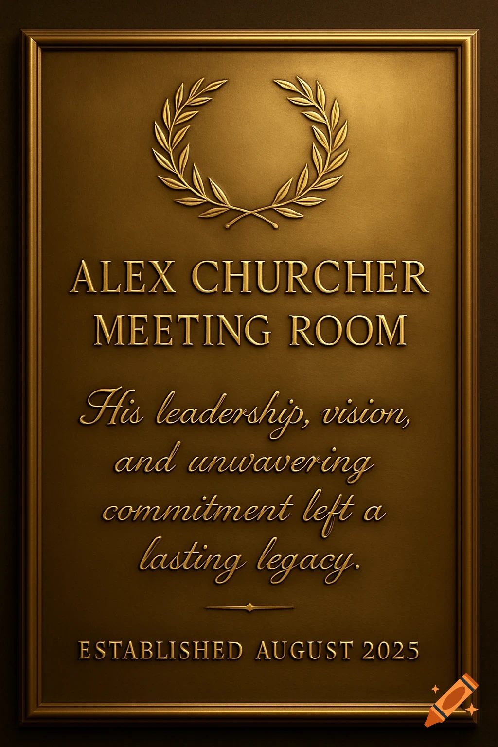 A gold-colored bronze plaque with a laurel wreath and engraved text for the 'Alex Churcher Meeting Room'.