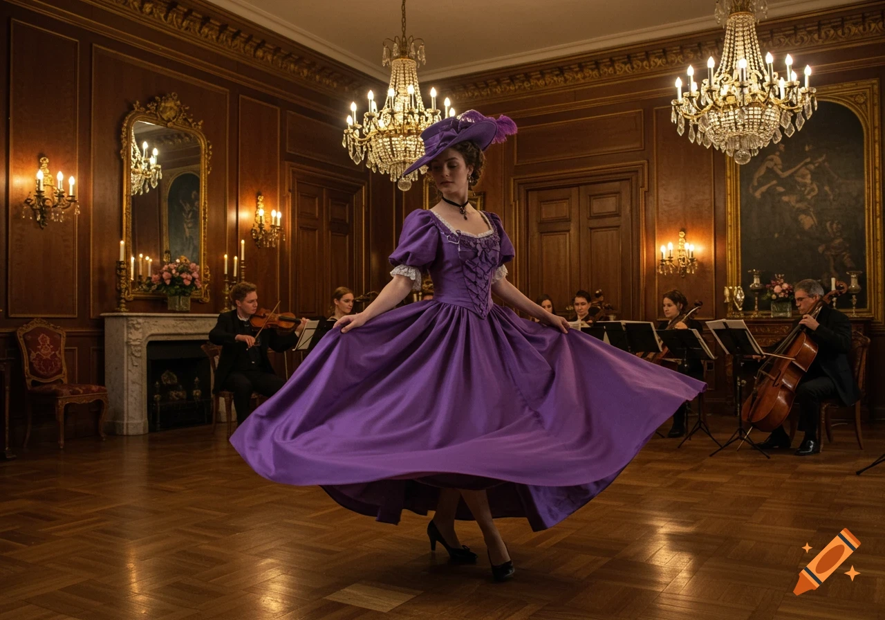 A woman in a purple silk ballgown and hat twirls in a grand Victorian ballroom with musicians playing.