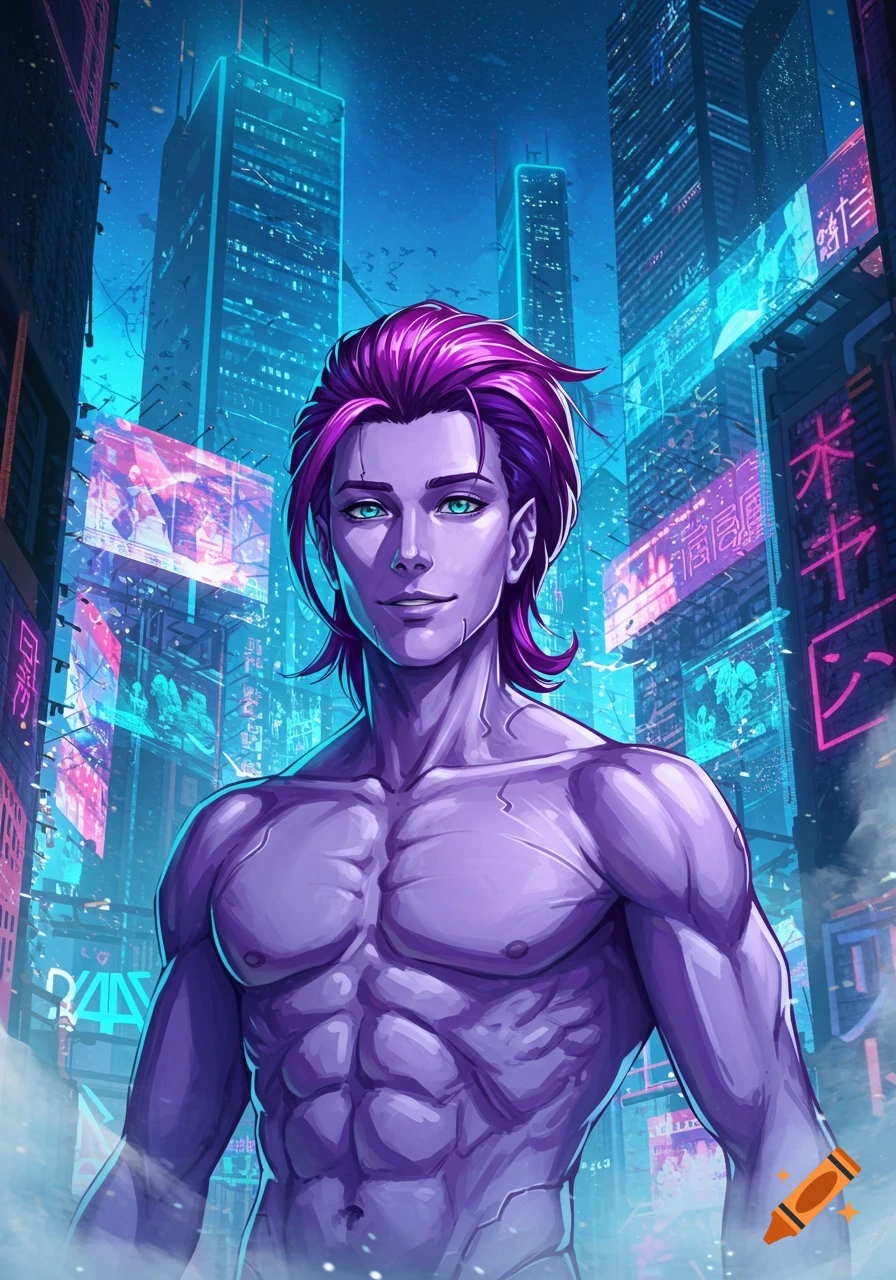 An anime character with purple skin and purple hair, showing off his muscular physique in a futuristic neon city at night.