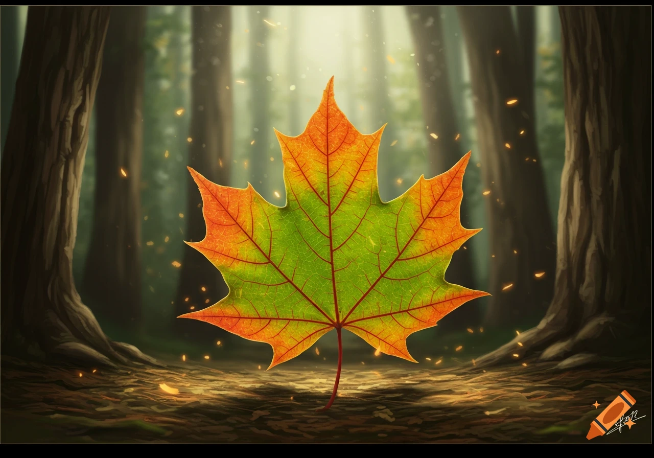 A vibrant maple leaf, green with orange and red edges, stands upright in a blurry forest with glowing particles.