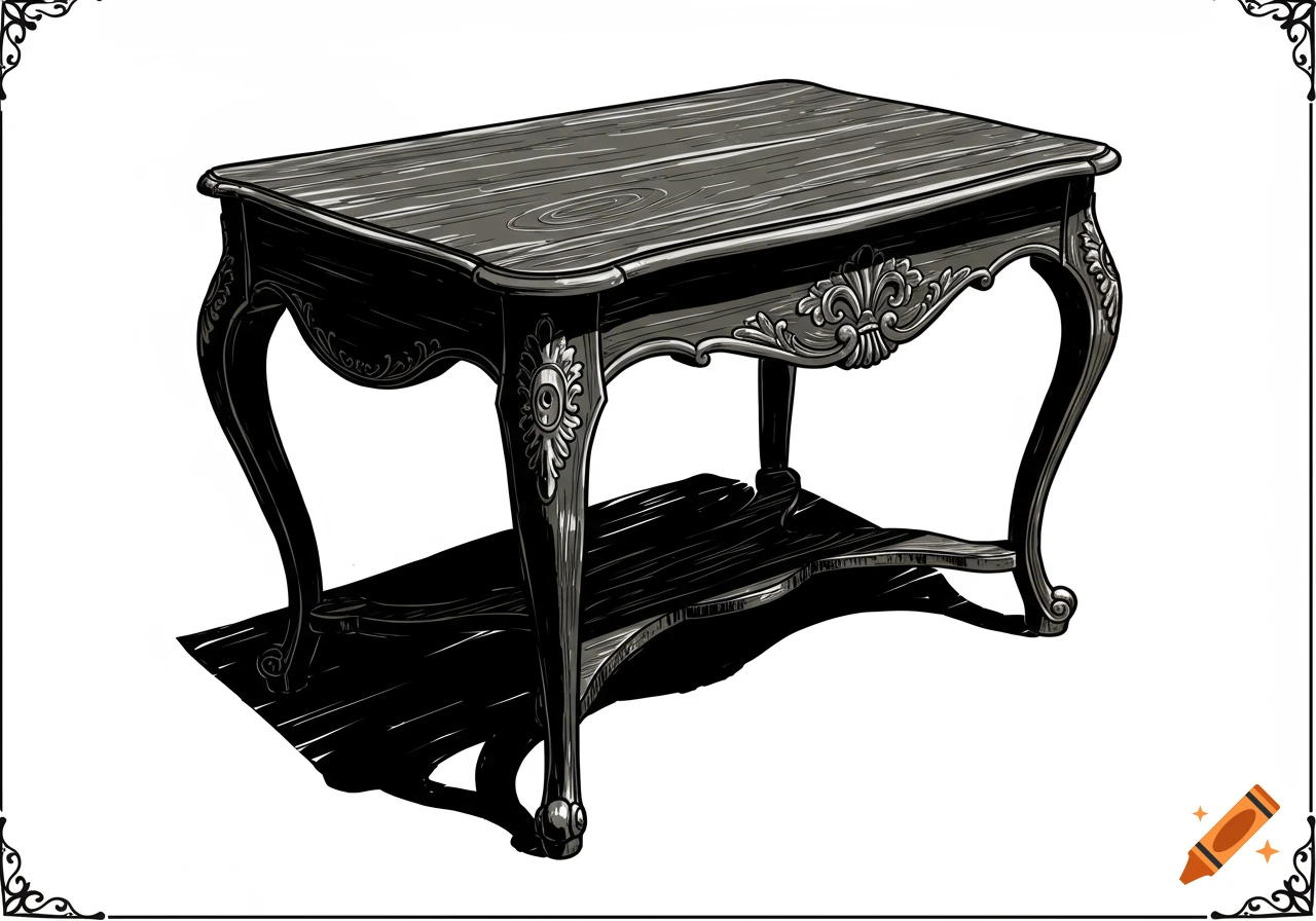 A dark antique table with ornate details and carved legs in a comic book illustration style with heavy black shading.