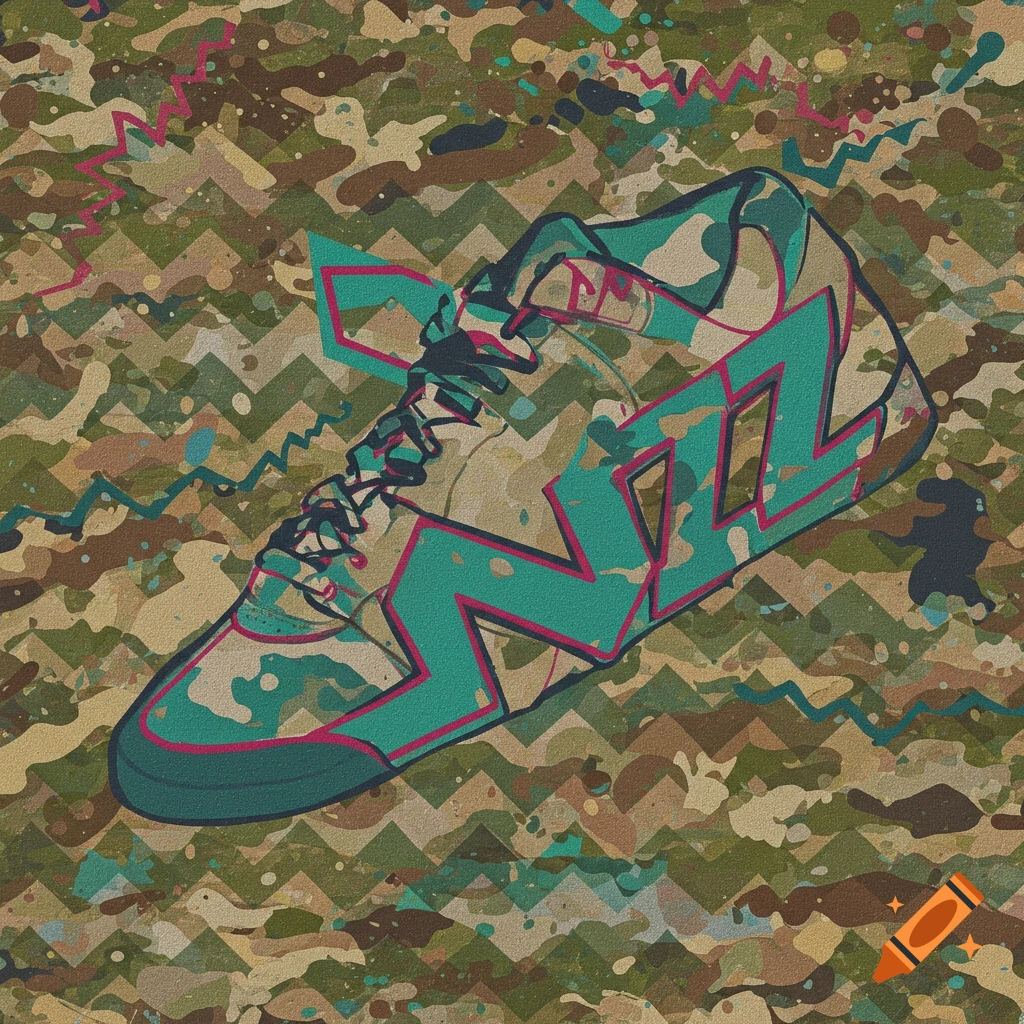 A stylized illustration of a sneaker with a camouflage pattern, featuring a large teal zigzag design on its side, against a similar patterned background.