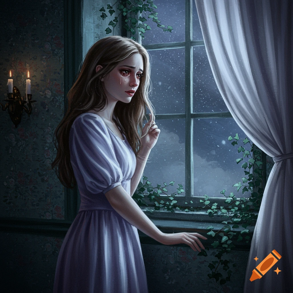 A digitally painted sad woman cries, looking out a window at a starry night, with ivy vines on the frame.