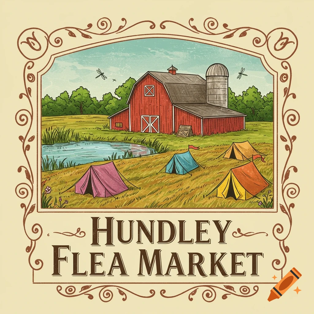 Illustrated logo for Hundley Flea Market featuring a red barn, silo, pond, and tents in a field within a decorative border.