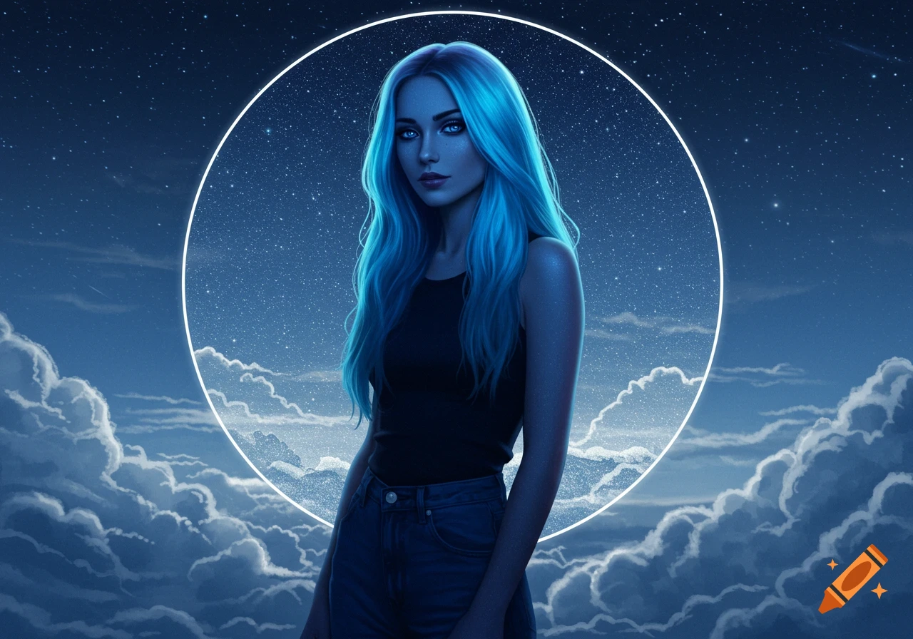 Digital art portrait of a woman with long bright blue hair and glowing blue eyes, standing against a starry night sky with clouds and a white circle frame.