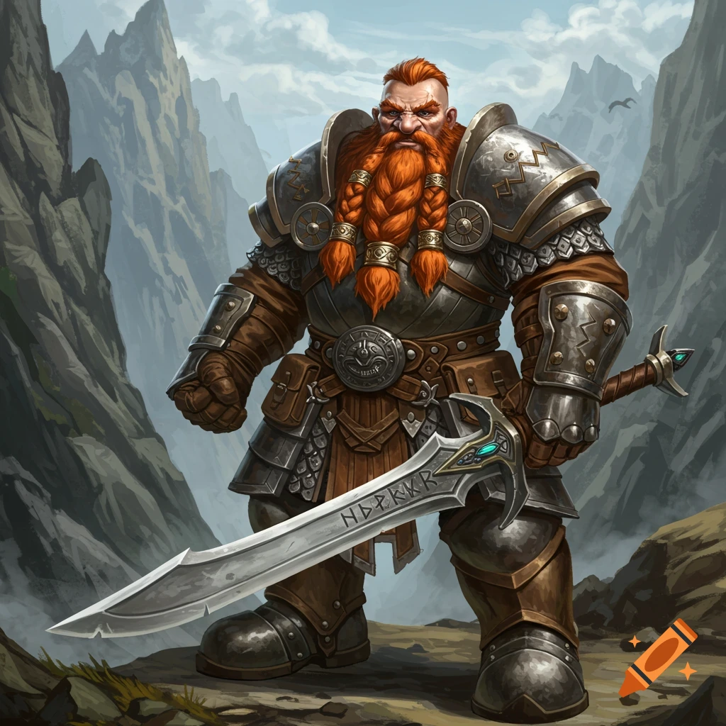 A mighty dwarf warrior with a long braided red beard stands in mountains, holding a large sword.