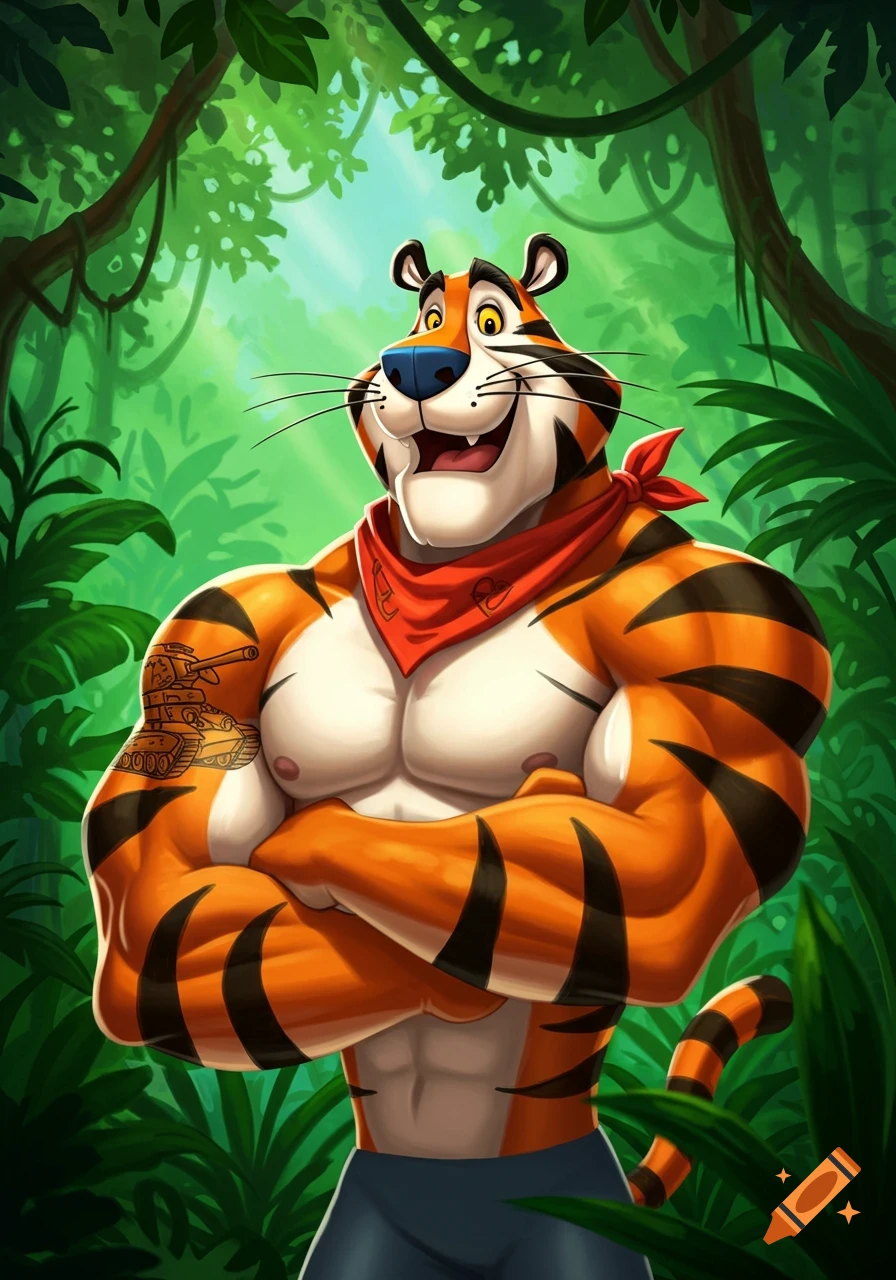 Muscular Tony the Tiger in a jungle, arms crossed, wearing a red bandana, with an army tank tattoo on his bicep. Cartoon style.