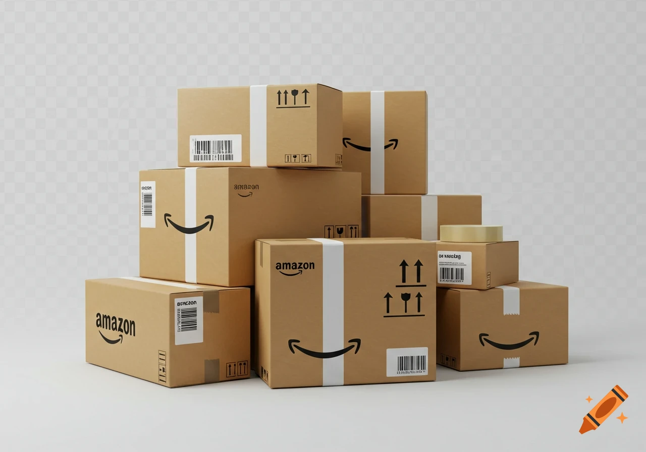 A stack of brown Amazon cardboard boxes with white shipping labels and black Amazon smile logos against a clear background.