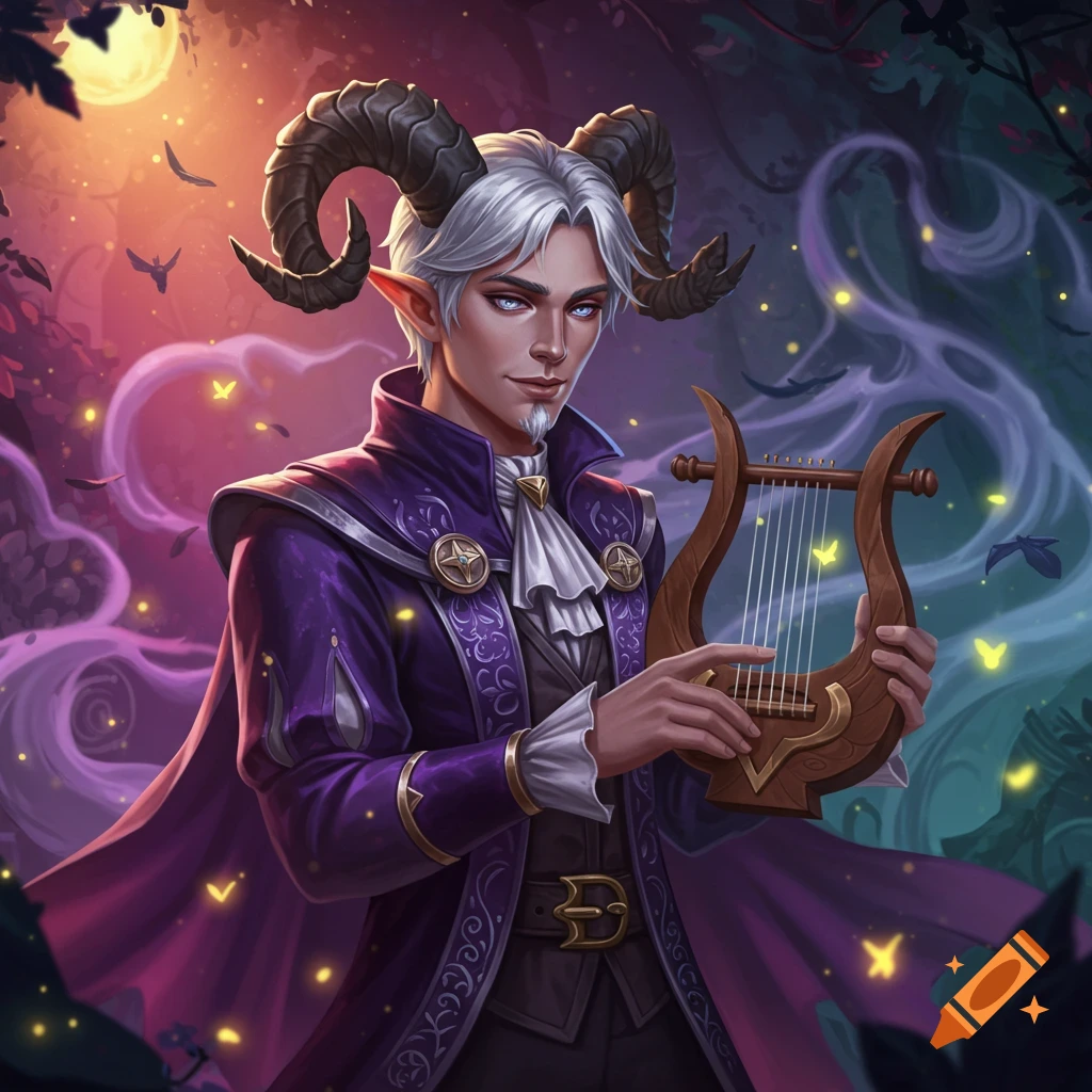 Digital painting of a horned man with white hair and a goatee, wearing a purple coat, holding a lyre in a magical forest at night.