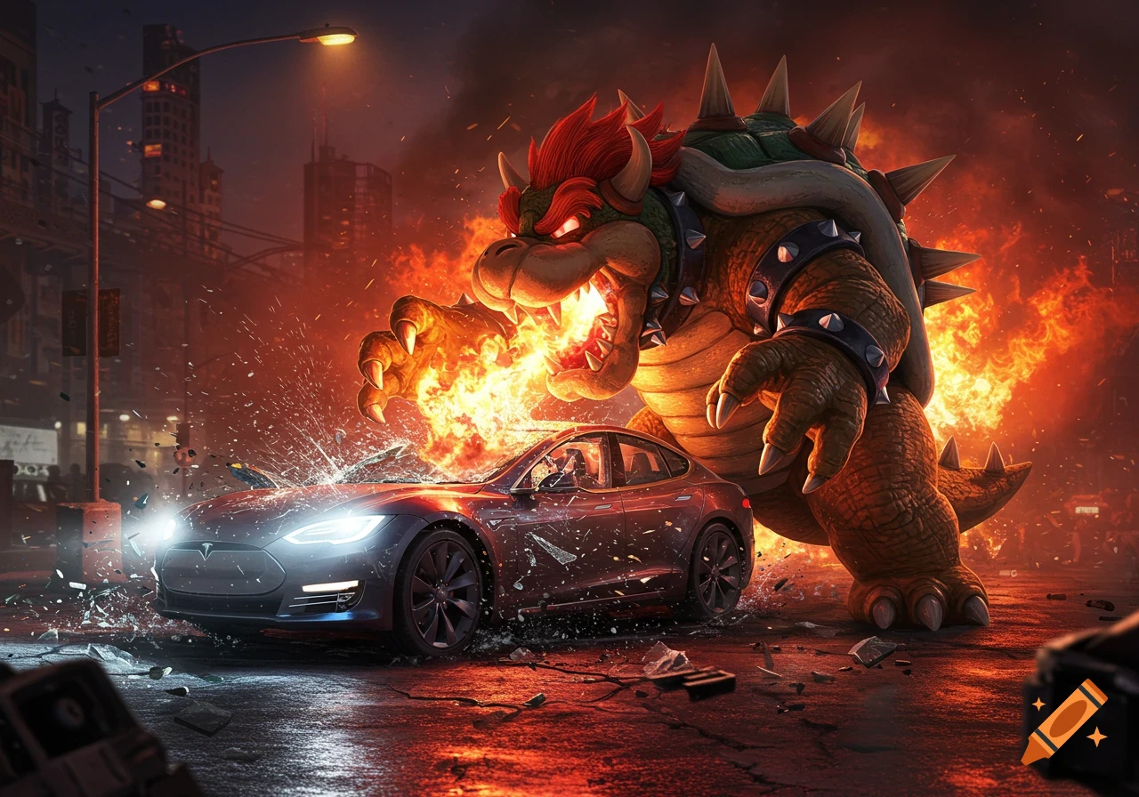 A giant, fire-breathing Bowser destroys a dark blue Tesla car on a city street at night, surrounded by fire and debris. Photorealistic style.