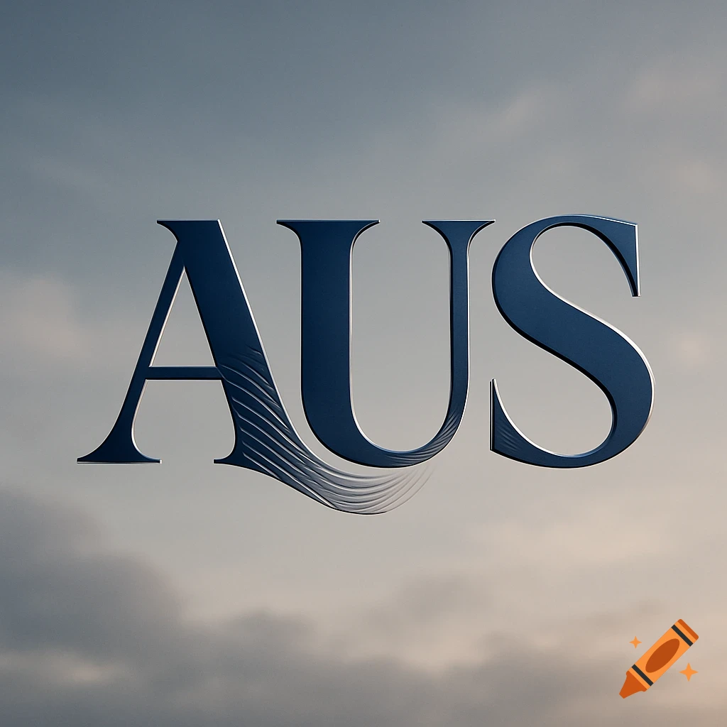 A dark blue metallic 3D logo with the letters 'AUS' against a cloudy sky background.