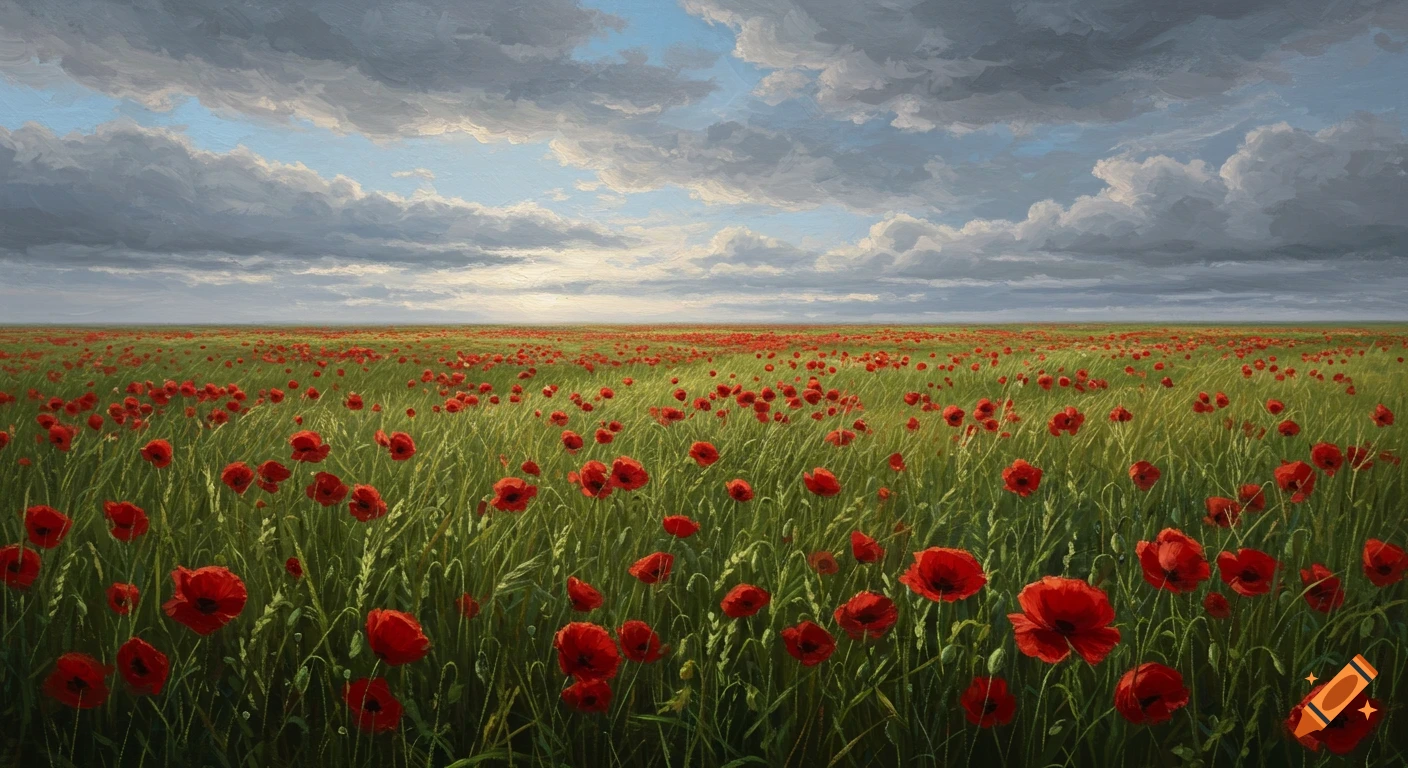 A vast field of red poppies under a dramatic cloudy sky, rendered in a painterly pastel style.