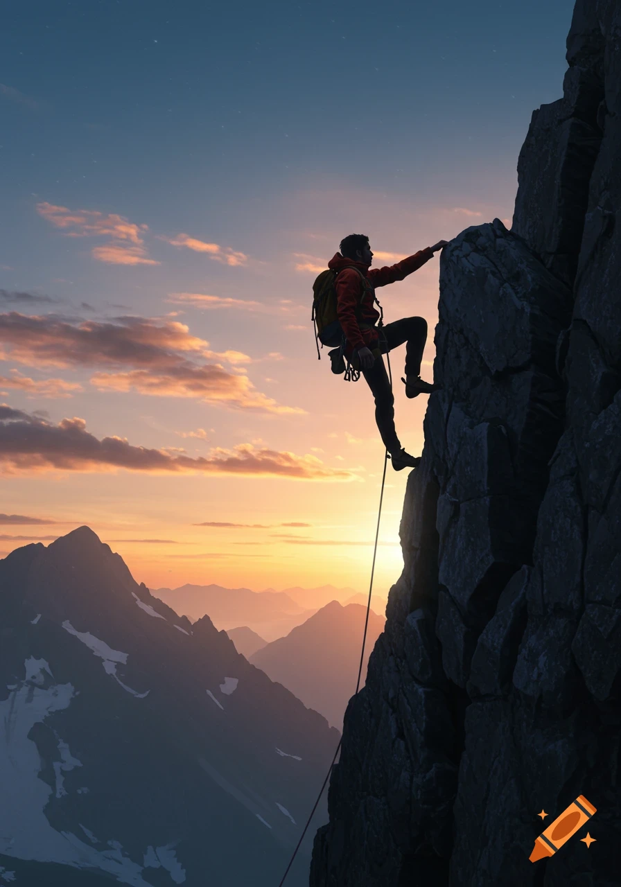 A person scales a steep mountain face at sunset, with a vast mountain range stretching into the horizon.