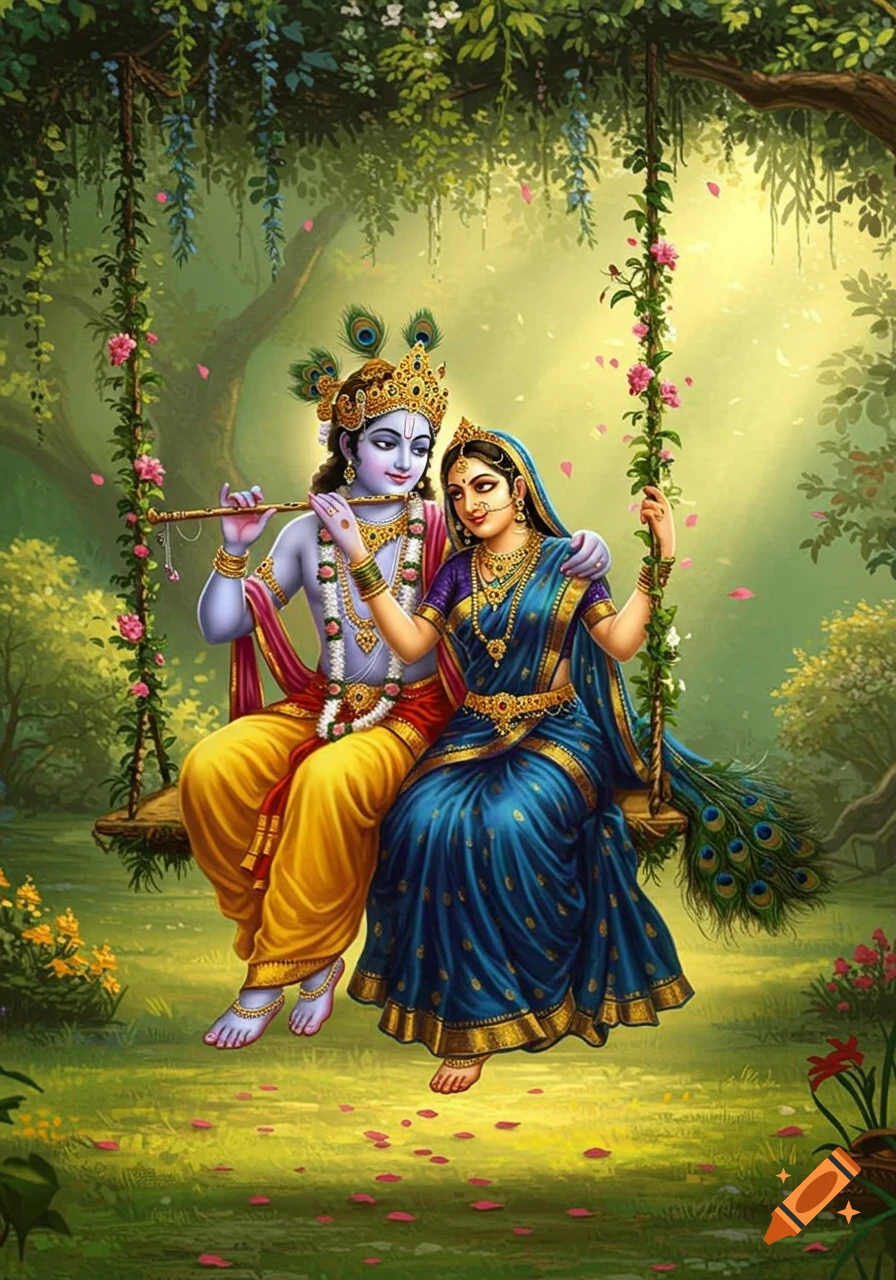 Krishna and Radha in traditional attire swing amidst lush green foliage and pink flowers, with sunlight filtering through trees.