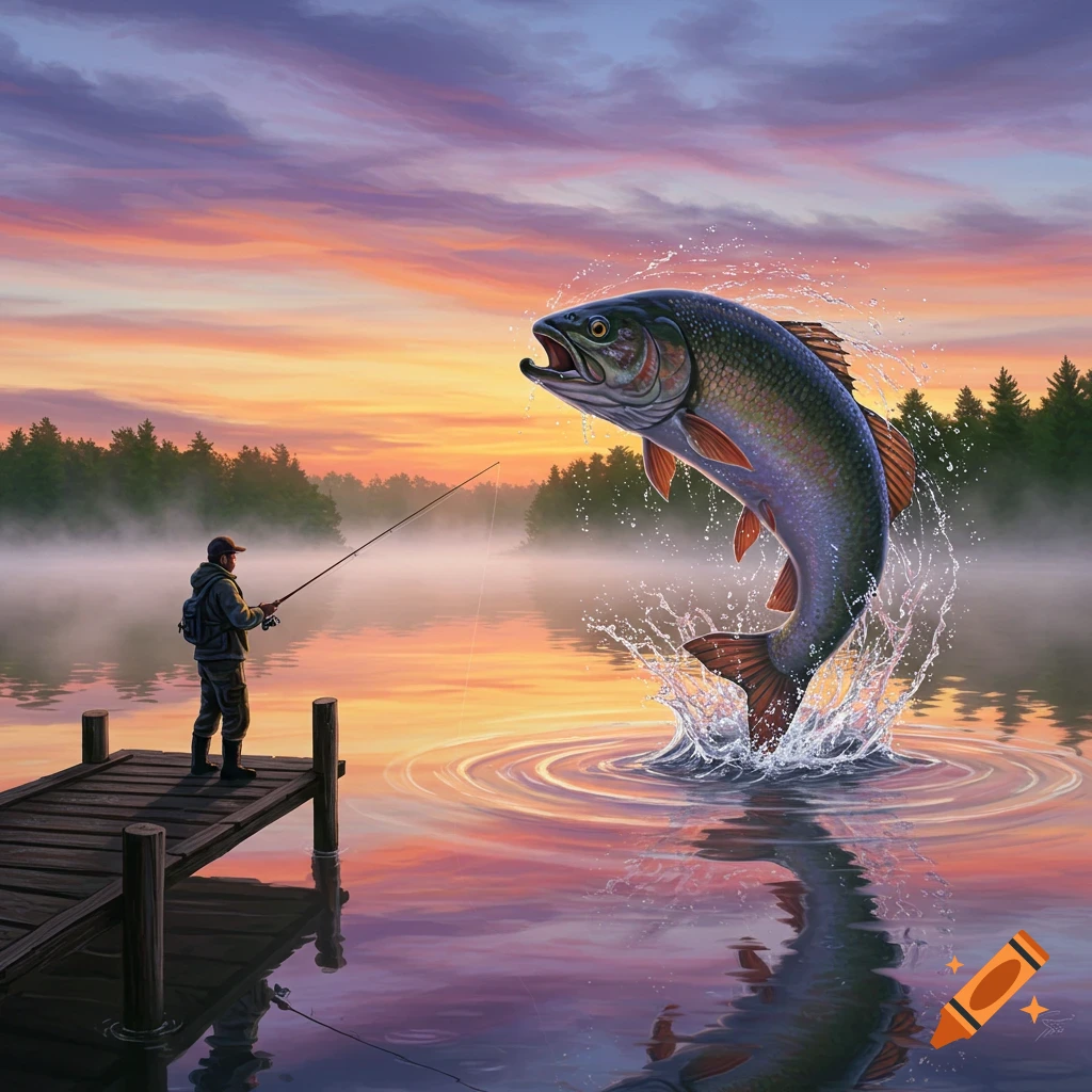 A man fishes from a wooden dock at sunrise as a large fish leaps out of the misty water, surrounded by forest.