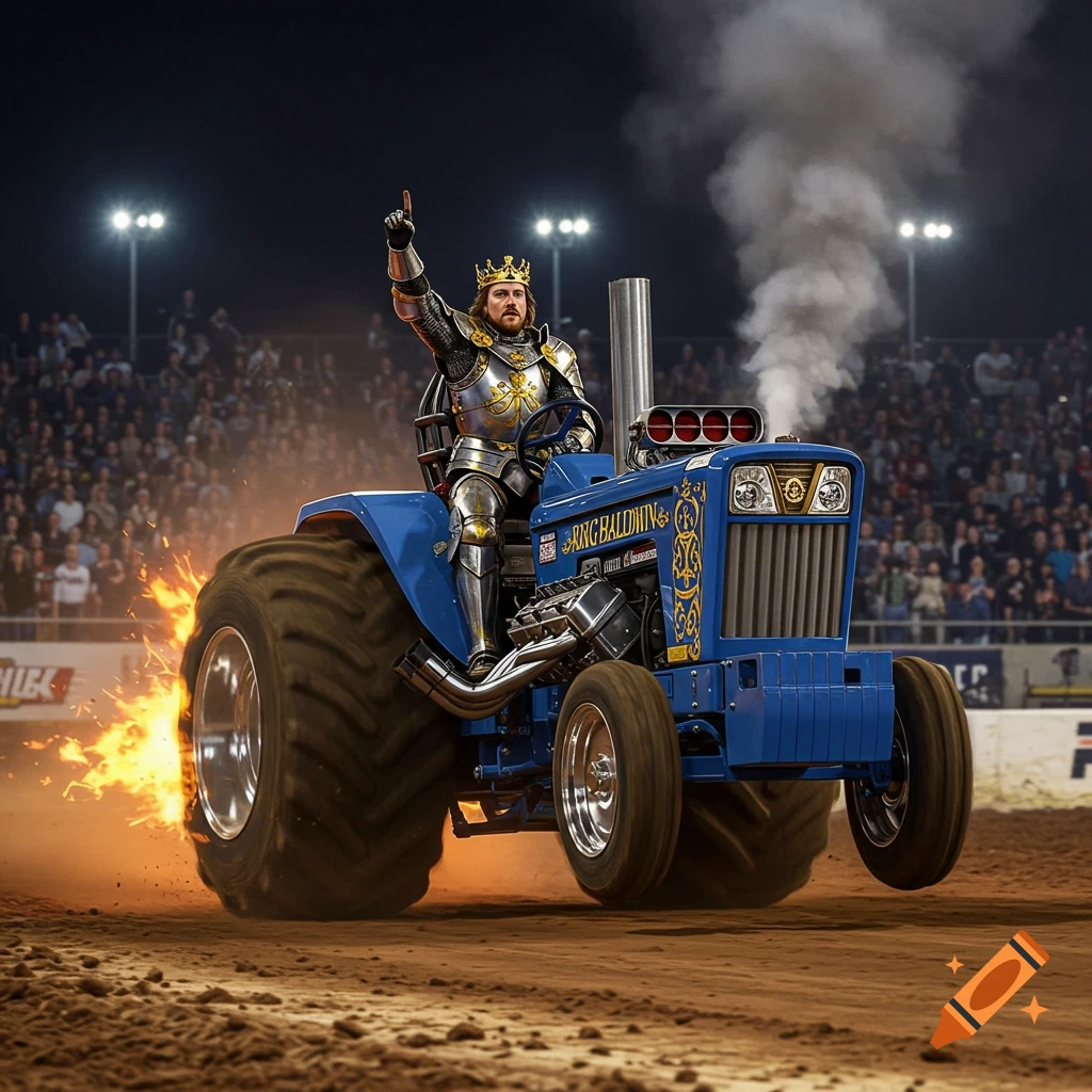 A photorealistic image of a king in shining armor driving a powerful blue tractor with flames shooting from its wheels, competing in a tractor pull event at night.