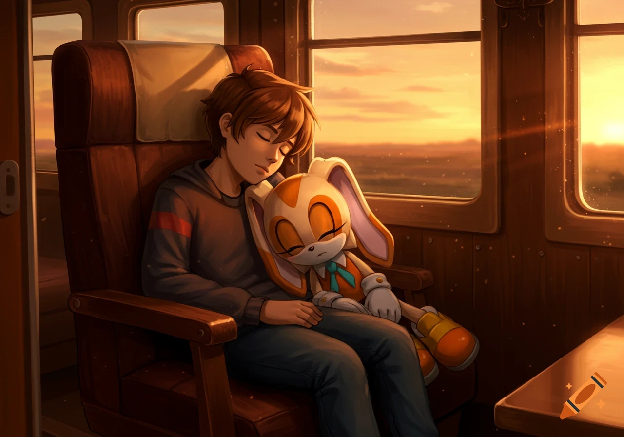 An illustrated image of a brown-haired boy and Cream the Rabbit from Sonic the Hedgehog sleeping on a train at sunset.