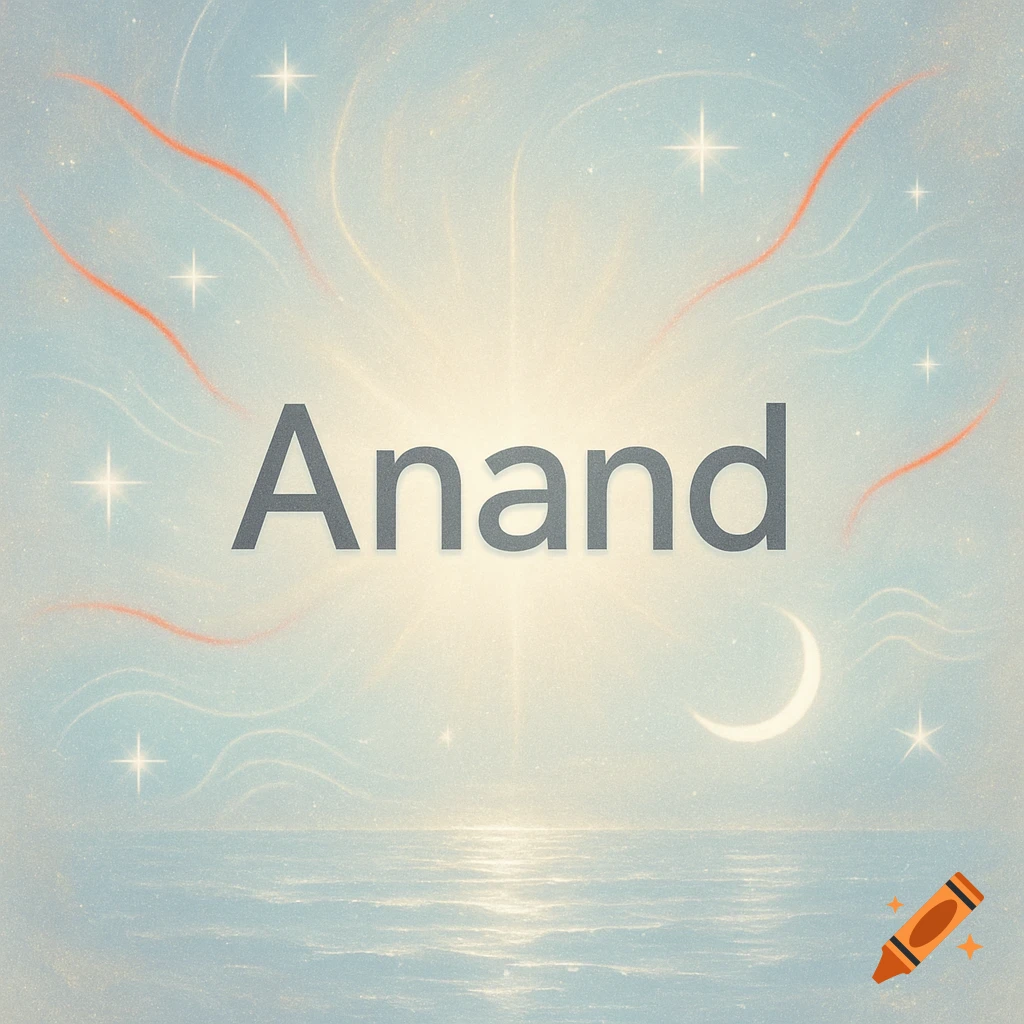 The word 'Anand' in gray on a glowing pastel blue and gold abstract background with stars, waves, and a crescent moon.