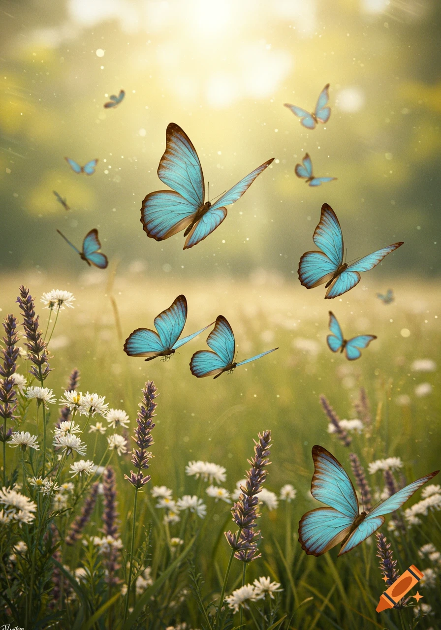 Blue butterflies fly through a sunlit meadow with purple lavender and white daisies.