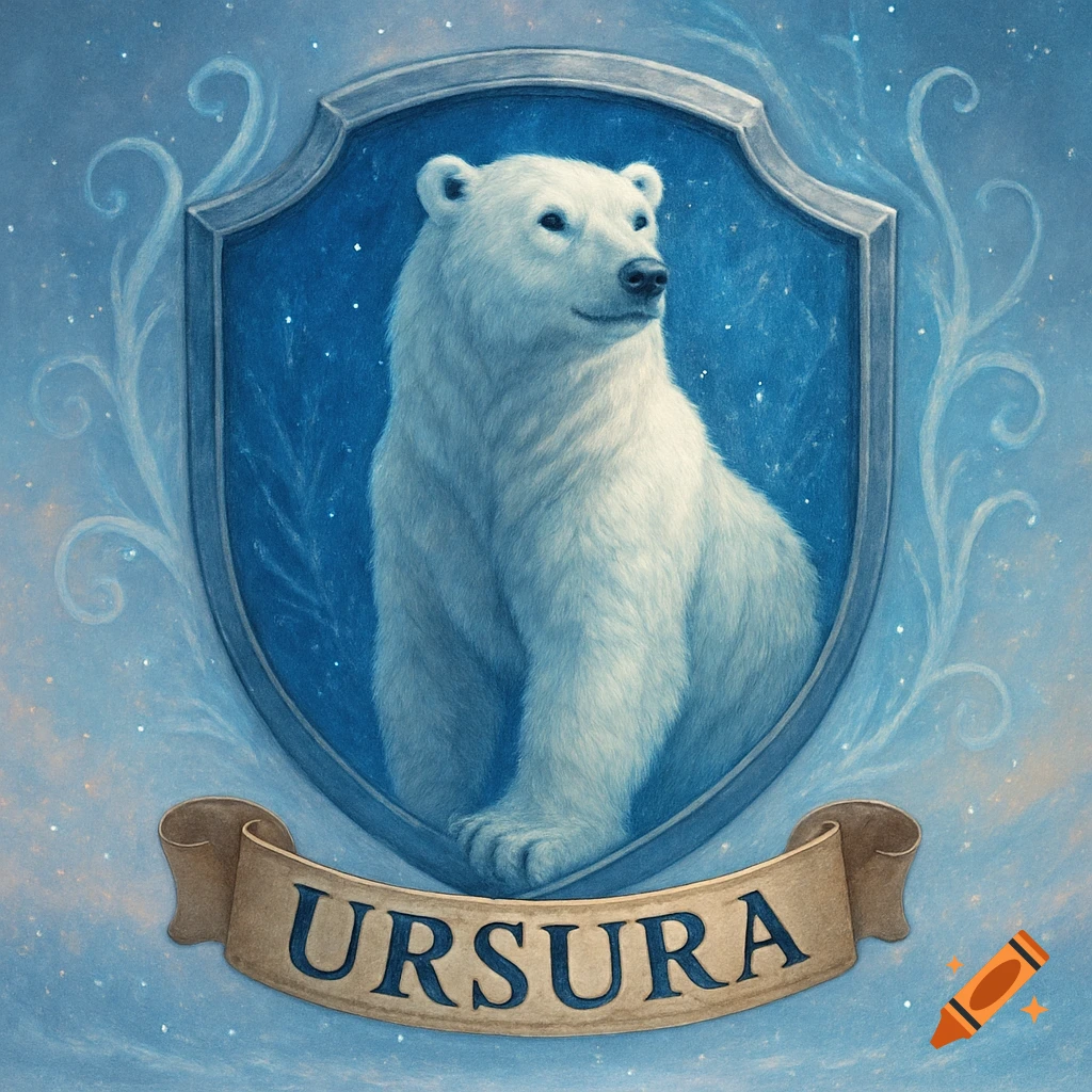A majestic polar bear depicted as an emblem on a shield, with the name 'URSURA' on a banner below, all against a snowy blue background.