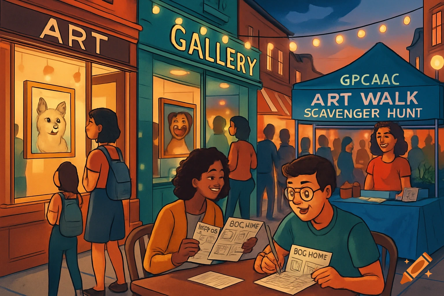 People participate in an art walk scavenger hunt in a downtown area at dusk. Two people in the foreground fill out sheets, while others look at art in gallery windows, including a painting of a dog.