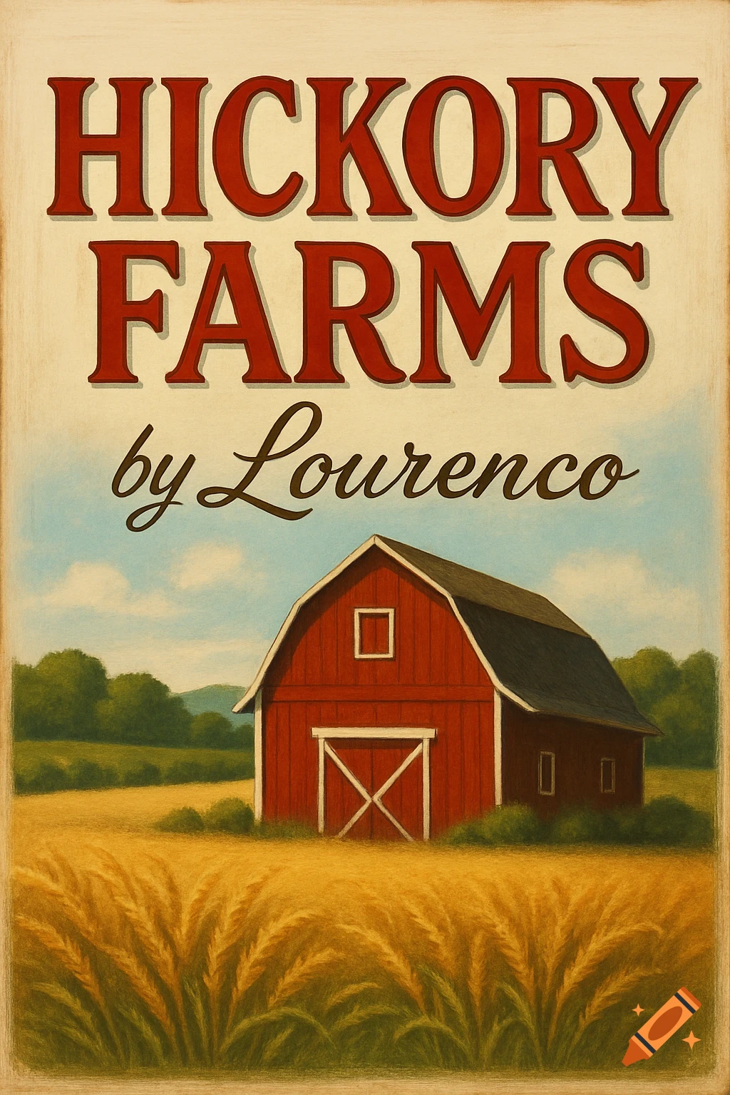 Vintage-style poster featuring a red barn in a field with golden wheat under a blue sky, text reads 'HICKORY FARMS by Lourenco'.
