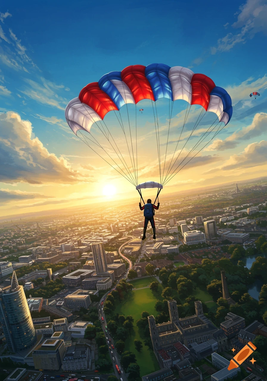 A person parachuting with a red, white, and blue parachute over a city at sunset.