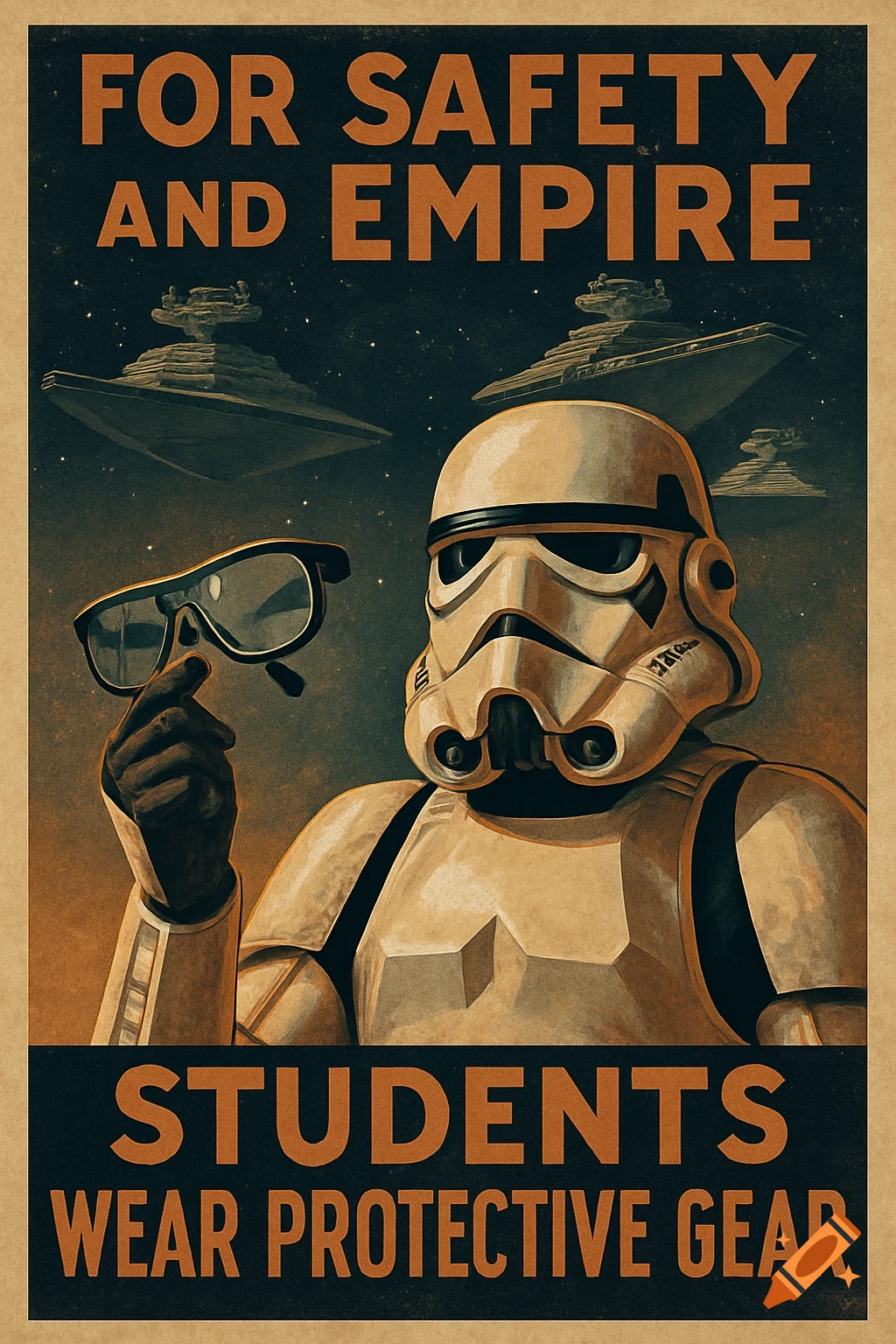 Star Wars propaganda poster of a Stormtrooper holding safety glasses, with Star Destroyers and text about safety and empire.
