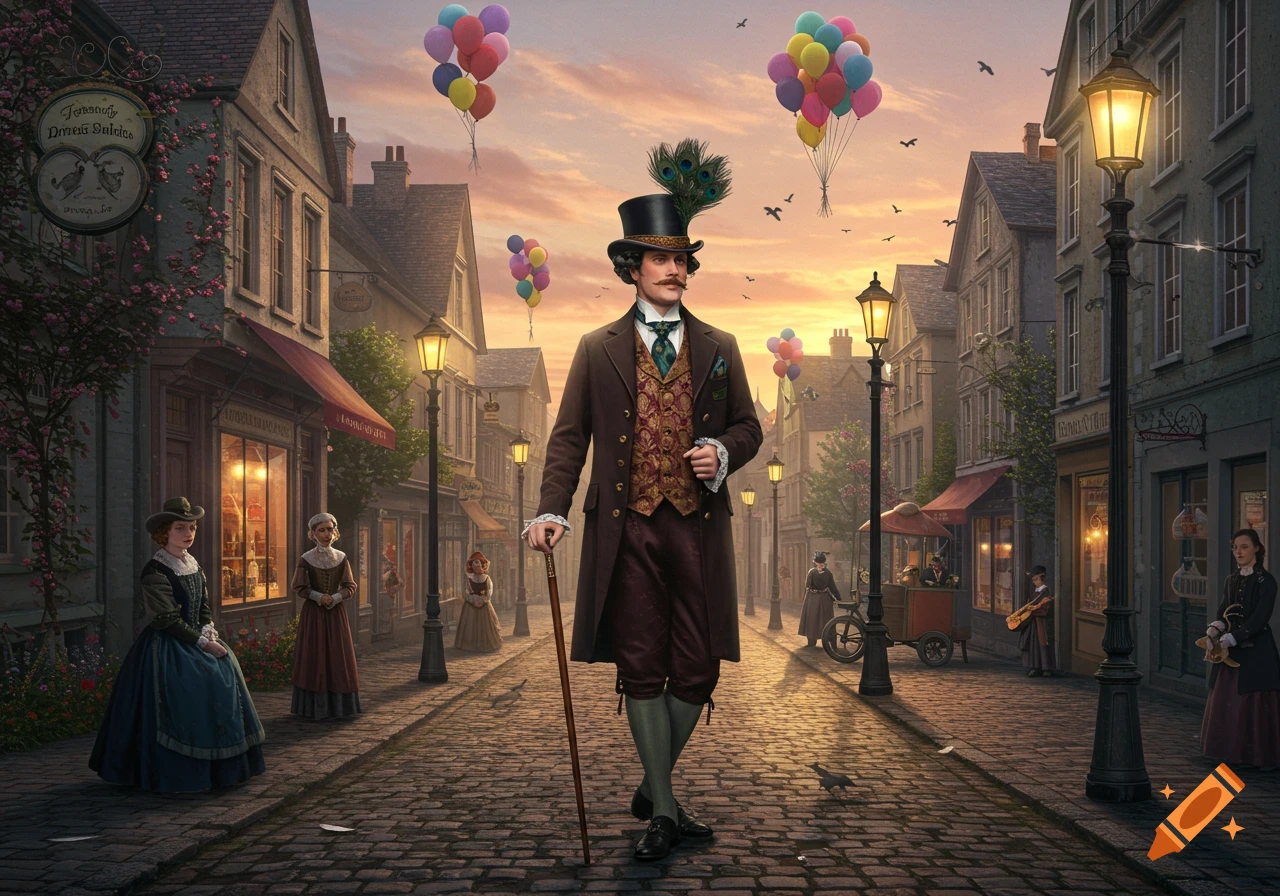 A dandy in a top hat and coat walks down a cobblestone street lined with buildings at sunset, with colorful balloons floating above.